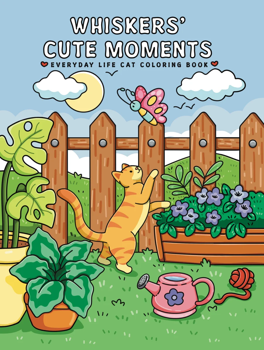 Whiskers' Cute Moments cover: an orange tabby cat climbing a garden fence beside flowers and a pink watering can