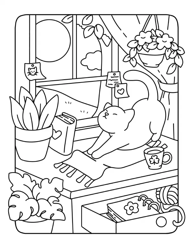 Cat stretching on a desk by the window