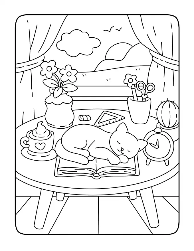 Cat asleep on an open book on a round table