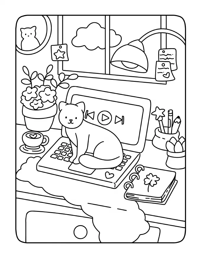 Cat sitting on a laptop at a cluttered desk