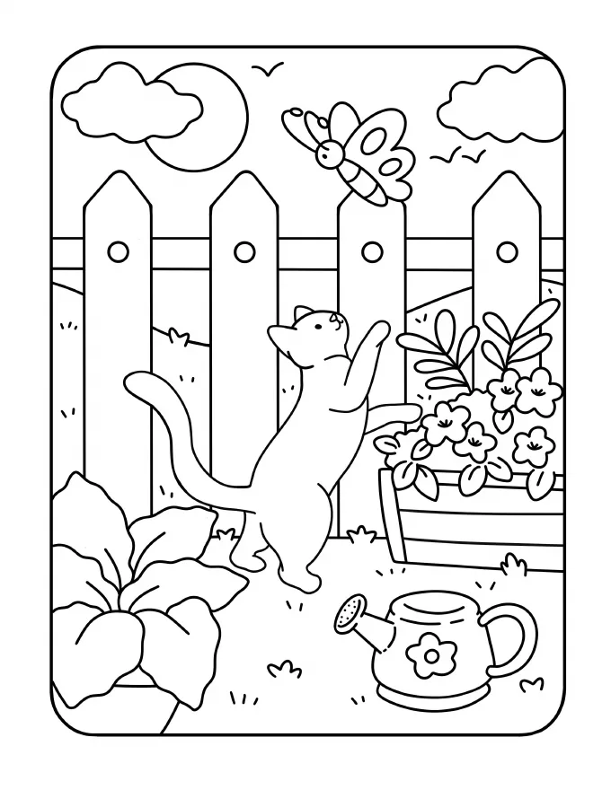 The same garden fence scene as an uncolored line drawing, design 14 inside the book