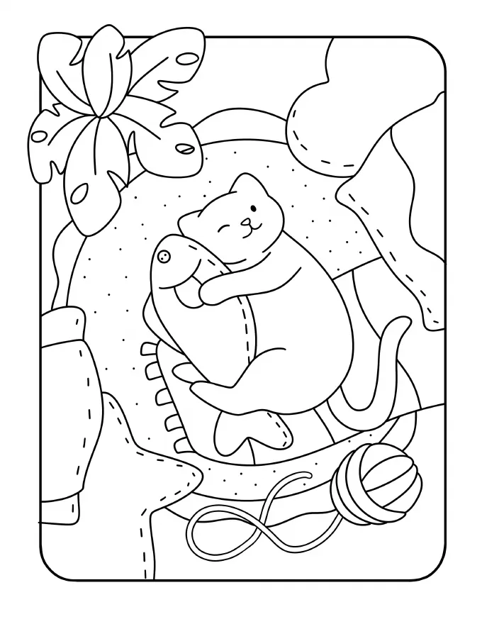 Cat hugging a pillow on a quilted bed