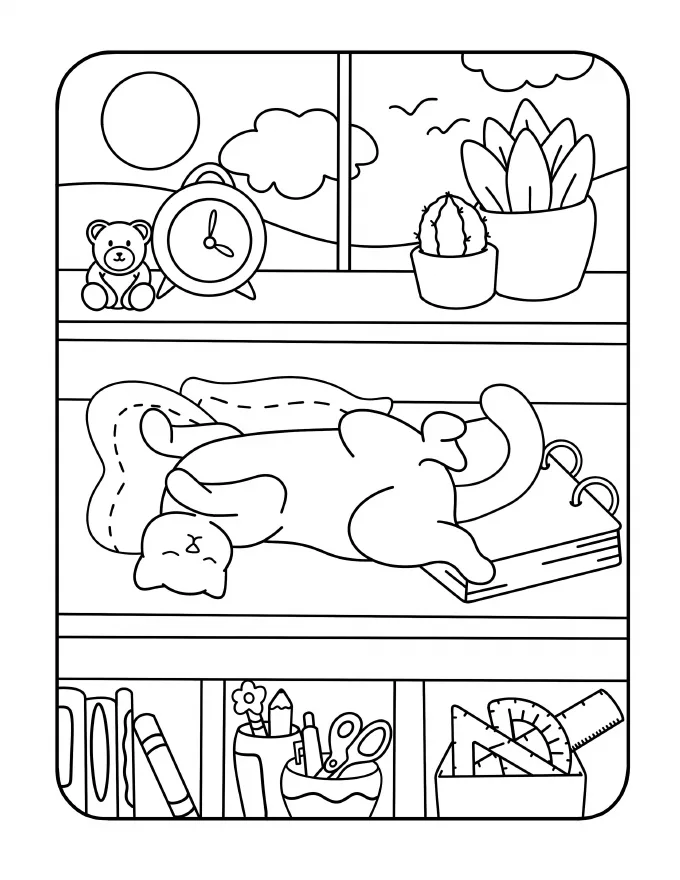 Cat sprawled on a shelf under a clock
