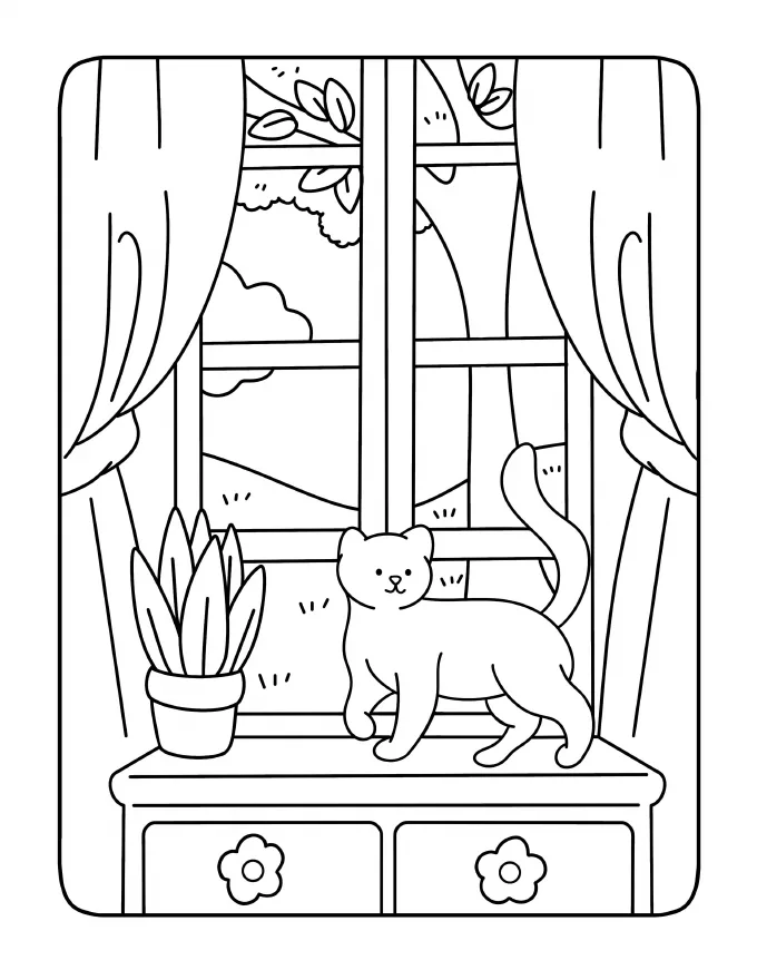 Cat sitting on a window seat between curtains