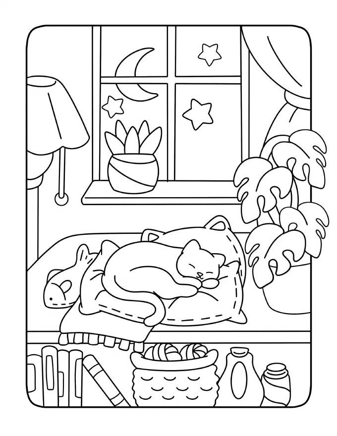 Cat asleep in bed under a starry window